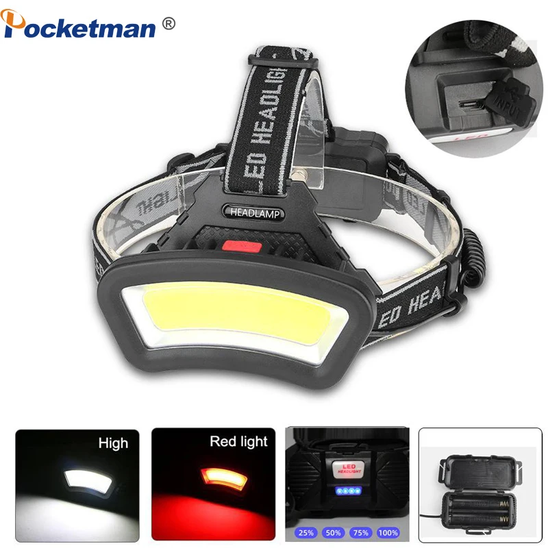 

Powerful COB Headlight Led Headlamp Head lamp USB Rechargeable Waterproof Fishing Light by 18650 Battery For Night Work
