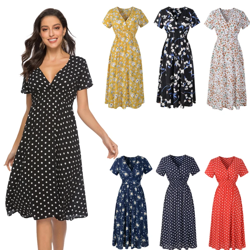 

Casual Elastic Waist Boho Dress Women Beach Summer Dresses Floral Print Vintage Chiffon Midi Dress Vestido De Festa
