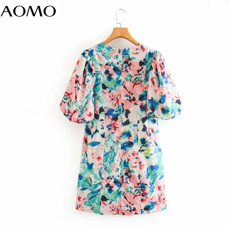 

AOMO 2020 summer fashion women flowers print short dress puff short sleeve back zipper ladies casual dress XN501A