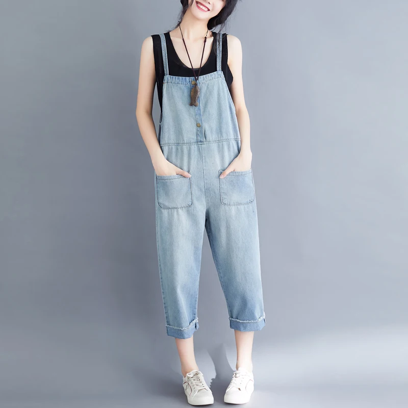 

Free shipping plus size S-3XL women denim pants Korean wide leg Jumpsuits casual straight loose female Calf-Length Pants