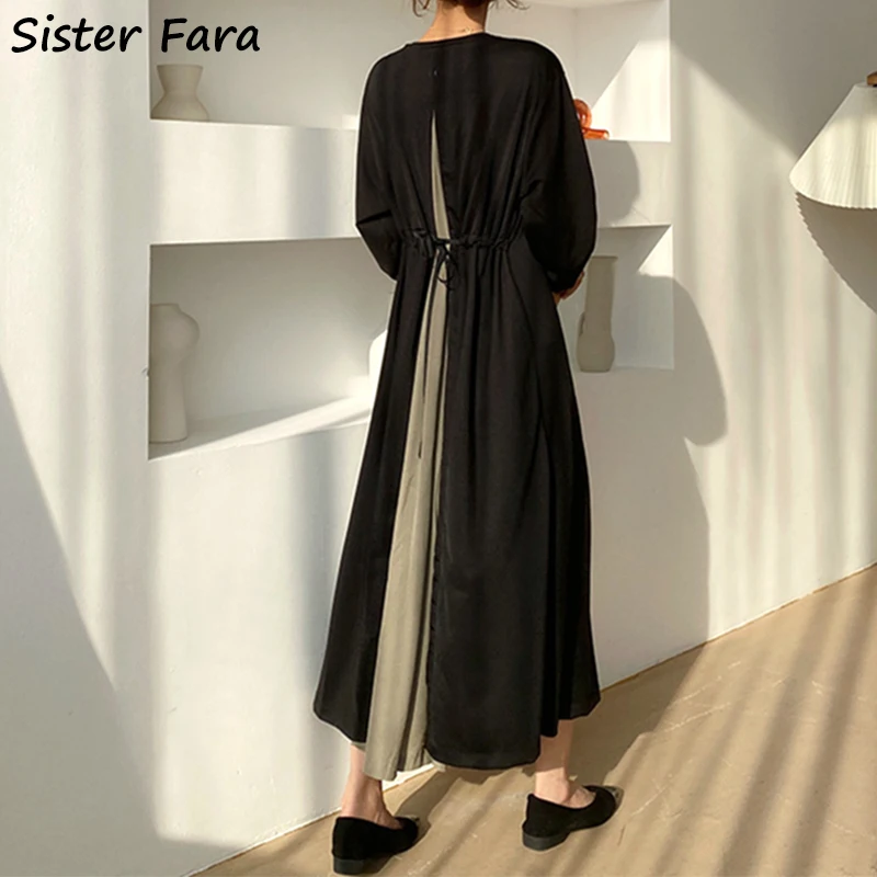

Sister Fara New Spring Chic Split Splice Dresses for Women's Loose Lace Up Loose Dresses Autumn Ladies O-Neck Ankle-Length Dress