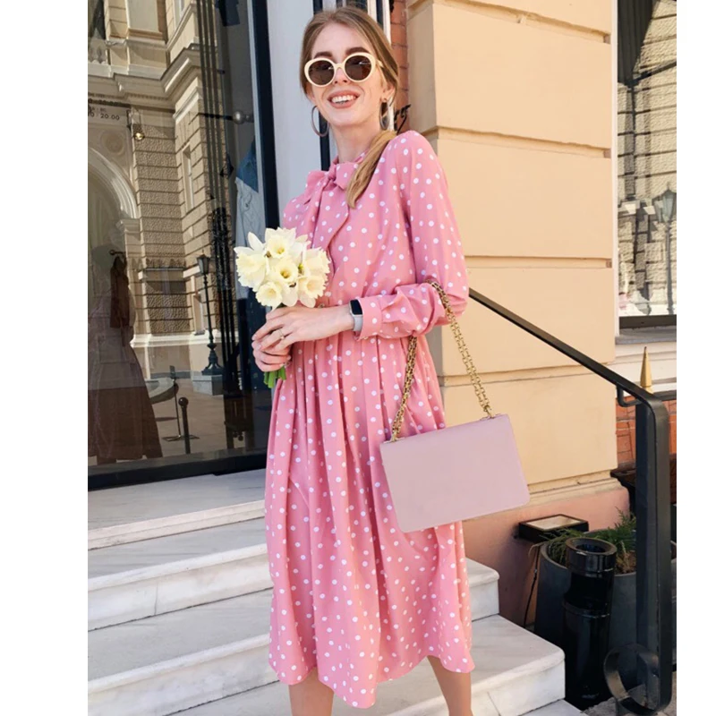 Осень Для женщин с узором в горошек бантом и принтом платье воротником стойкой