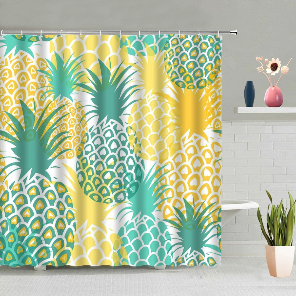 

Tropical Fruit Pineapple Shower Curtains Green Leaf Flower Pattern Bathroom Bathtub Decoration Washable Fabric With Hooks Set