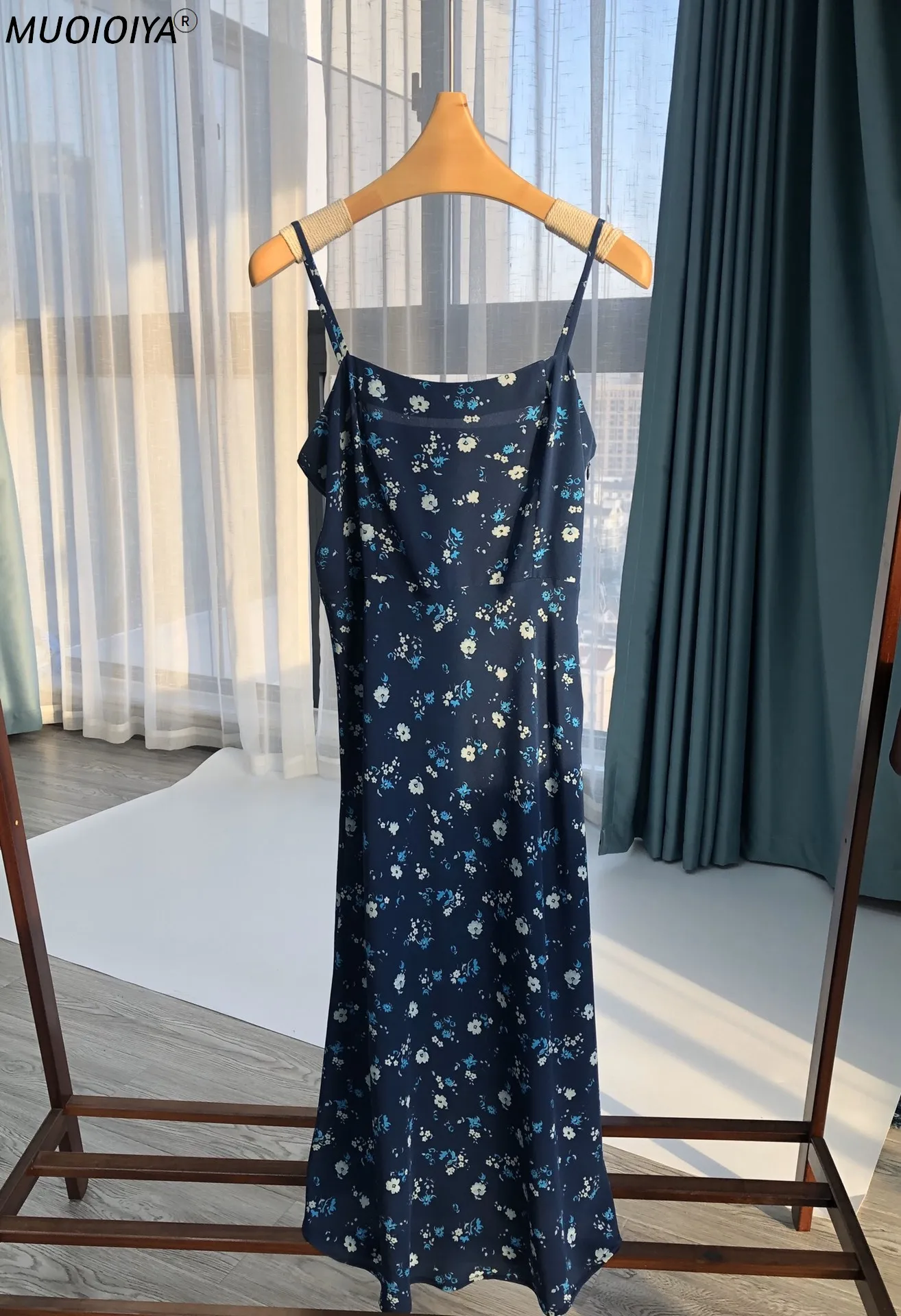 

2021 New 100% Silk Women Sling Midi Dress Jasmine Floral Print Ladies Off-Shoulder Sleeveless Robe Female Sexy Dresses