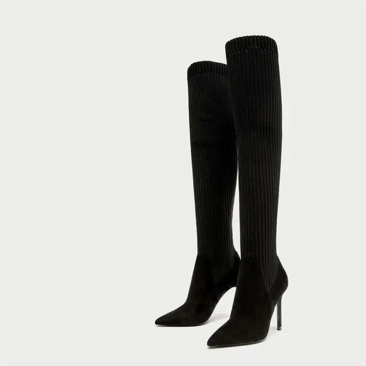 Женская обувь носки Сапоги выше колен острые вязаные эластичные сапоги высокие
