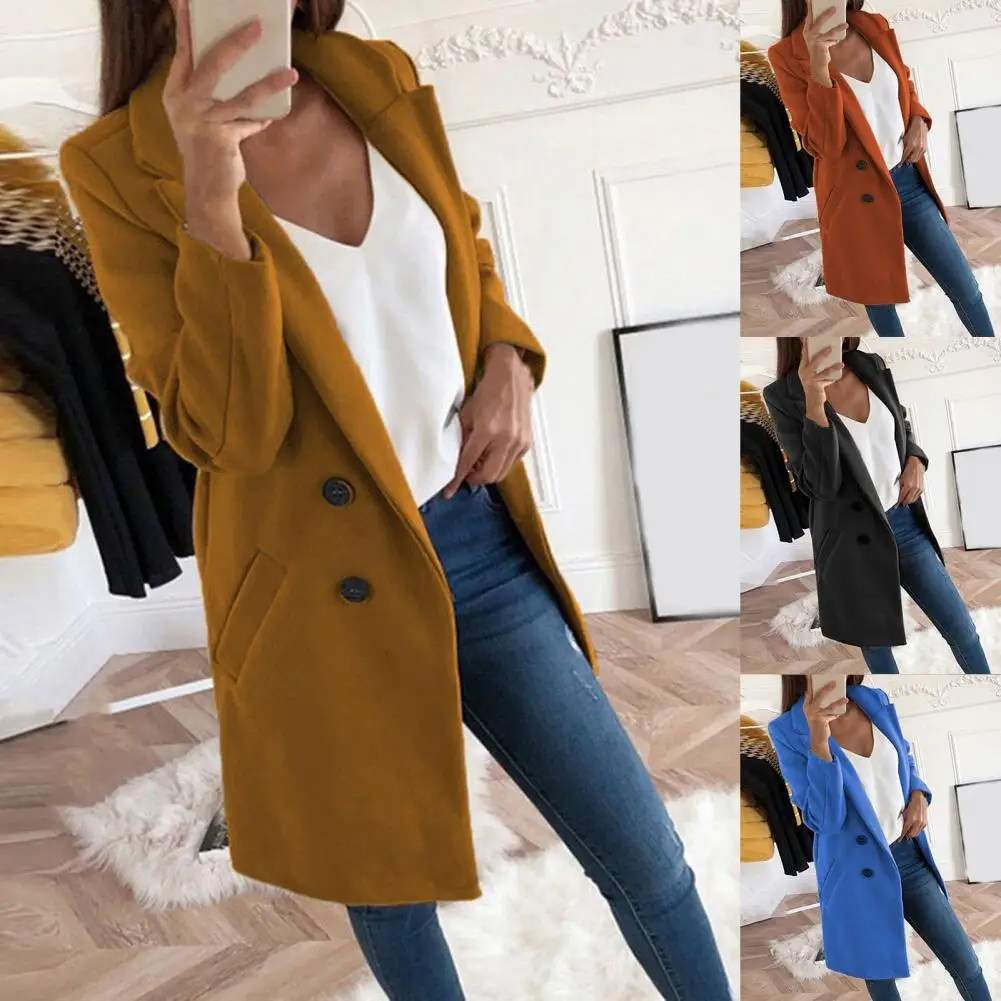

Women Coat Long Sleeve Single-Breasted Female Wool Jackets Autumn Winter Lapel Solid Color Warm Ladies Clothing Streetwear