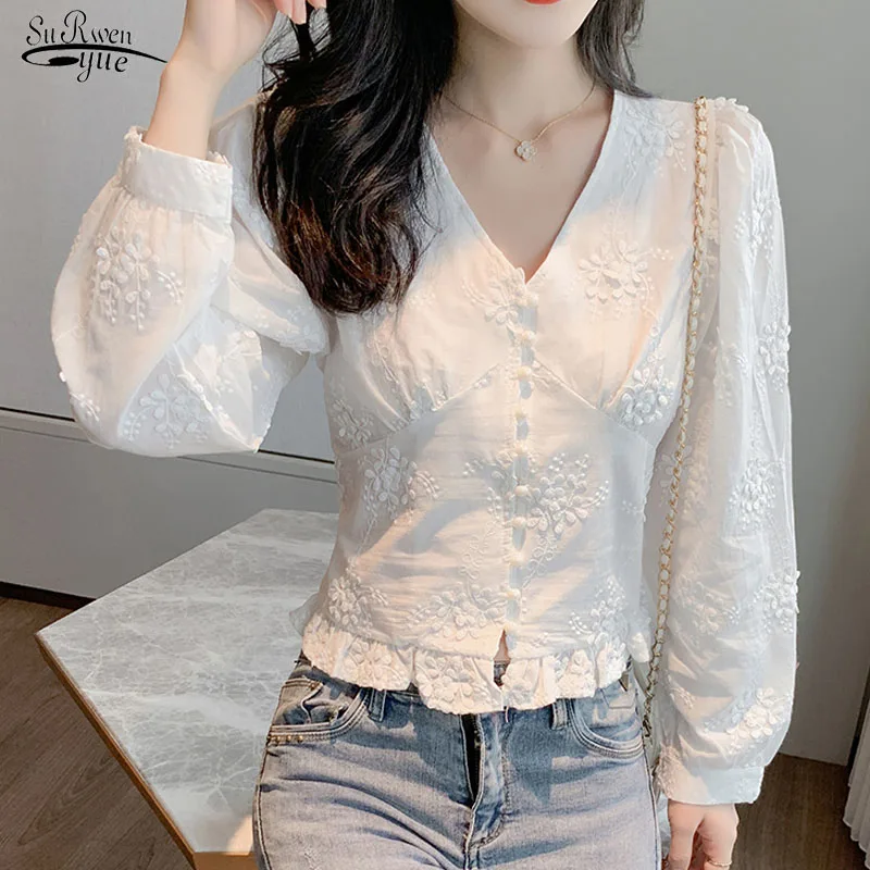 

White Lace Shirt Women V-neck Woman Shirt 2021 Autumn Vintage Cotton Embroidery Blouse Puff Sleeve Korean Top Blusas 10536