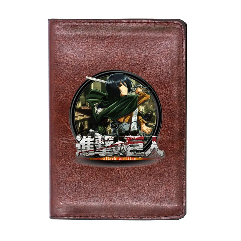 

High Quality Brown Pu Leather New Attack on Titan Printing Men Women Passport Cover Slim Travel ID Credit Card Holder Wallet