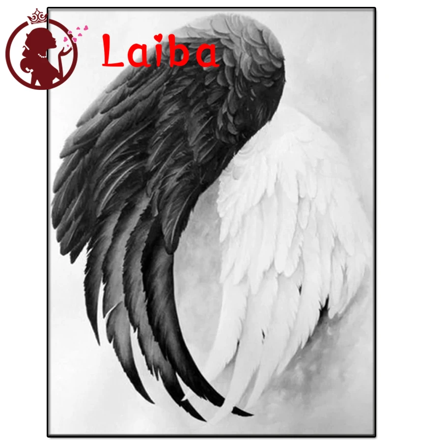 Камни в форме ромба DIY вышитый бриллиантами ангел черно белыми крыльями 5D