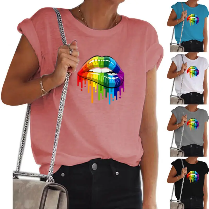 

VICABO Womens Colorful Lips Printed Woman Tshirts Short Sleeve T Shirt Loose O-neck Basic Tee Tops Summer Women Clothing