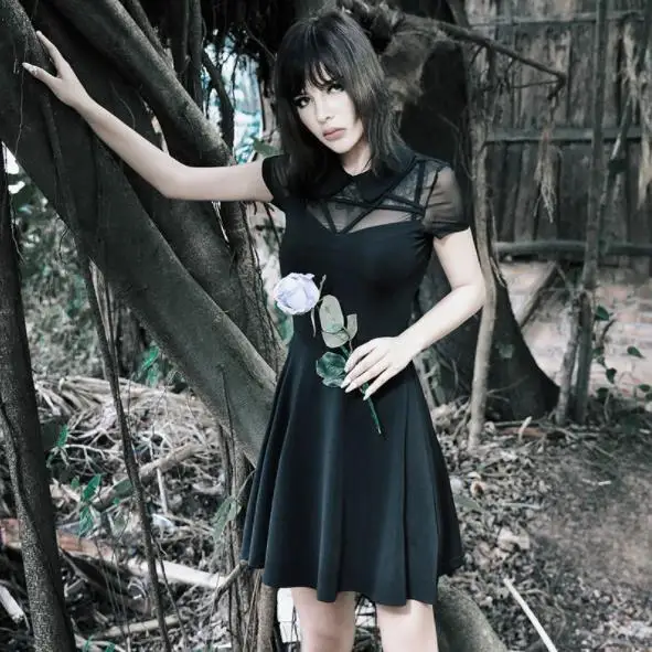 Темное винтажное готическое Платье женское черное Harajuku кружевное