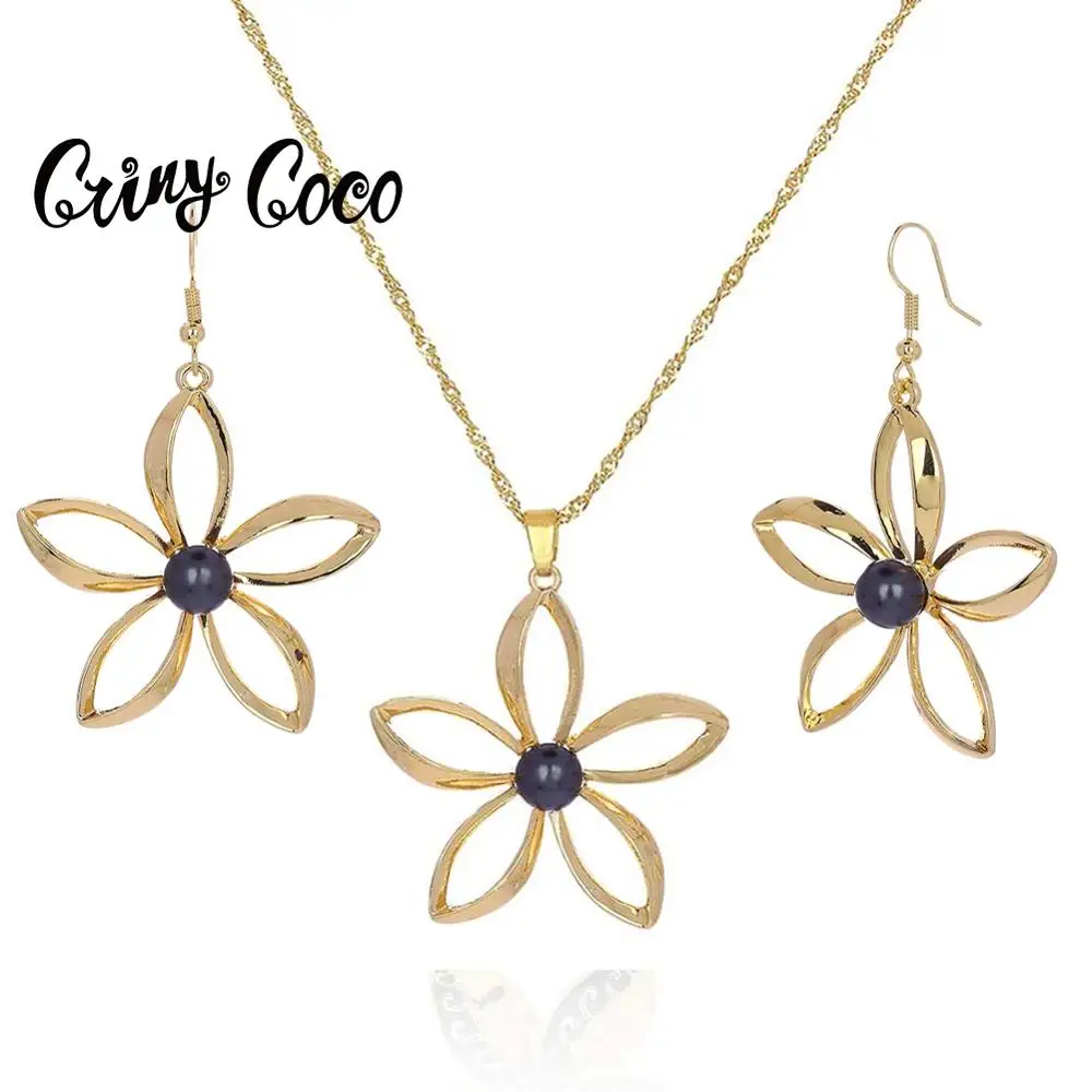 

Women Fashion Plumeria Flower Necklaces Set Jewelery Sets Necklace with Earrings Polynesian Hawaiian Samoa Marshall Style Pearl
