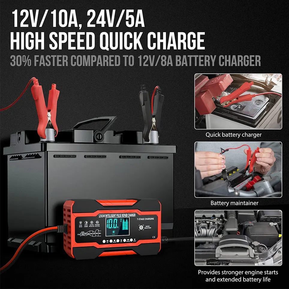 

2021 10 amp car battery charger, 12V and 24V smart automatic battery charger maintainer trickle charger