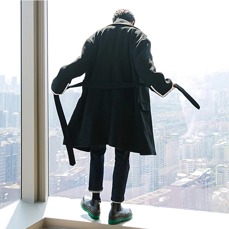 Мужская одежда IEFB Осень-зима черное шерстяное пальто средней длины свободная