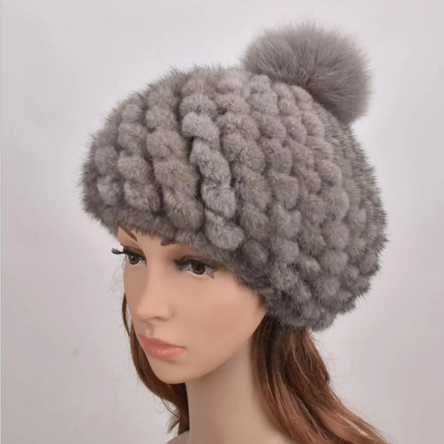 Women's Winter Hats of Real Mink Fur Knitted Warm Painter Cap Beret Beanie with Big Genuine Fox Pompom H09