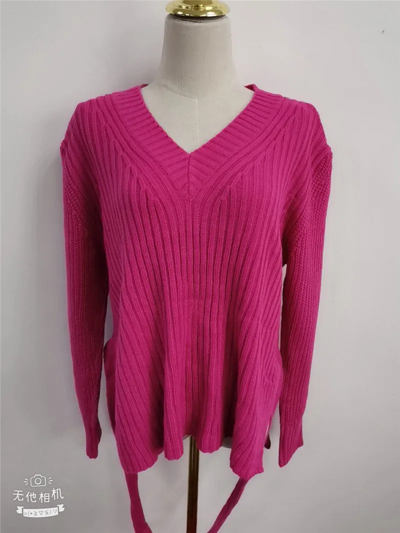 Однотонный красный вязаный свитер жилет пуловер с V-образным вырезом