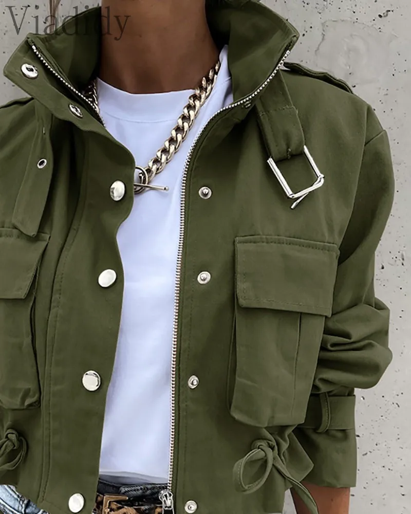 

Womrn Pocket Button Design Slim Fit Long Sleeve Jacket Coat