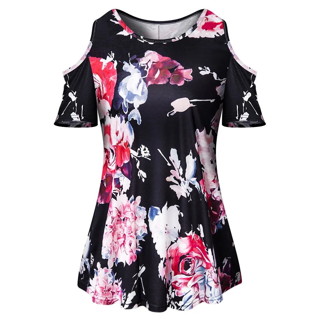 Женские шифоновые блузки топы с открытыми плечами короткий рукав цветочный