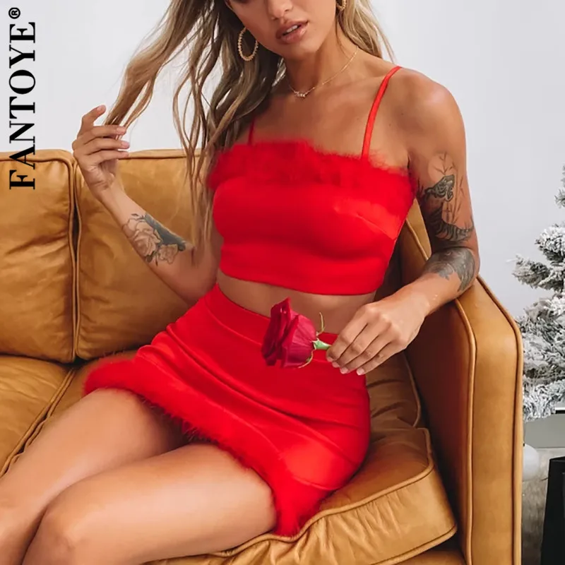FANTOYE сексуальный комплект из двух предметов с перьями Короткие топы и юбки
