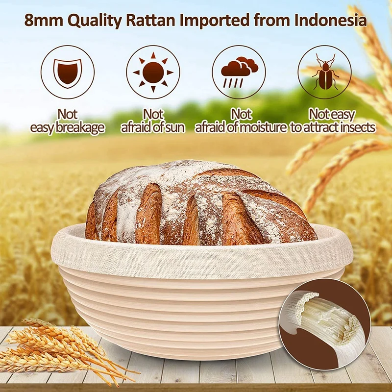 

Bread Banneton Proofing Basket Sturdy Natural Rattan with Bread Lame +Dough Scraper+ Linen Liner Cloth