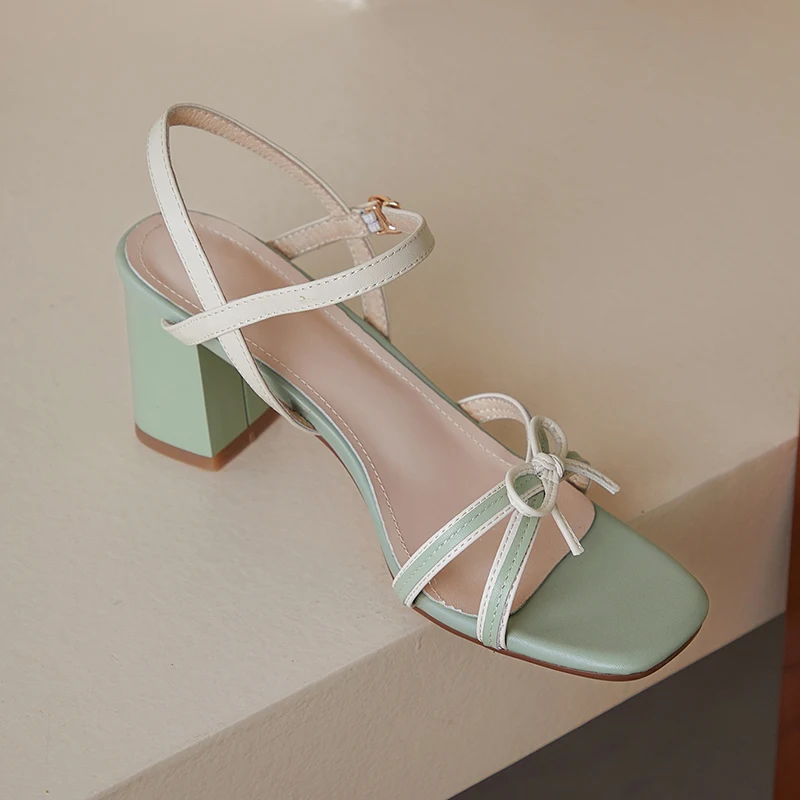 

Newest Genuine Leather Women Sandals Top 2021 Summer High Heels ladies Pumps Women bowties Wedding Party Shoes Woman