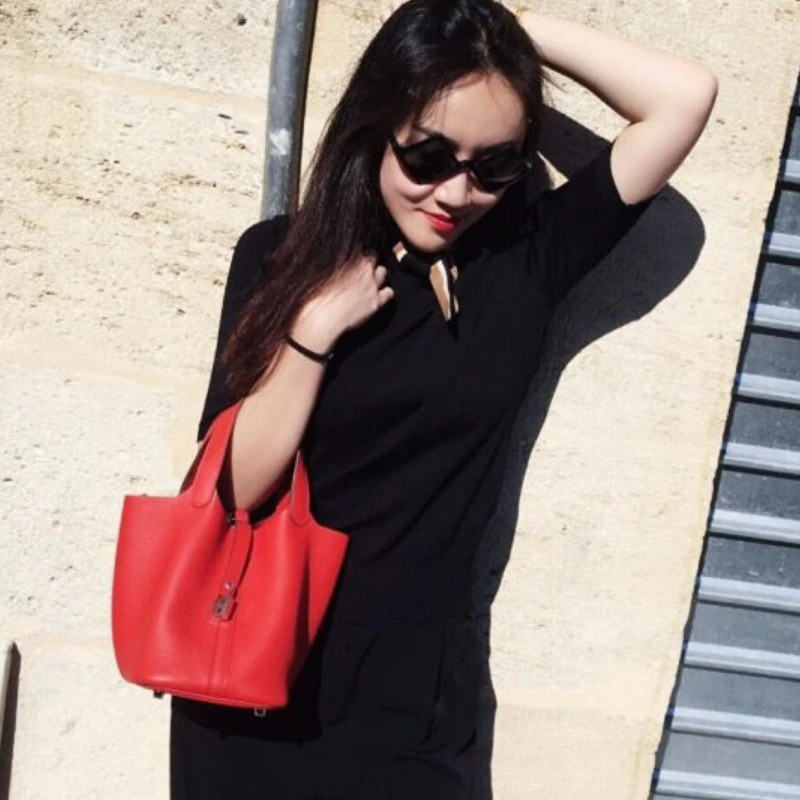 Buyuwant Genuine Leather Handbags Drawstring Designer leather bucket bag lychee pattern simple handbag GN-SB-stlzbd