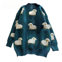 cartoon sheep print pullover sweater women 2020 o neck loose knit womens jumpers autumn winter fashion knitwear coat