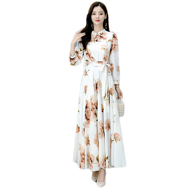 

Новинка весна-осень 2023, белое ретро платье с большим подолом, женское модное приталенное платье макси с длинным рукавом и бантом на воротнике, сказочное платье, одежда LD1503