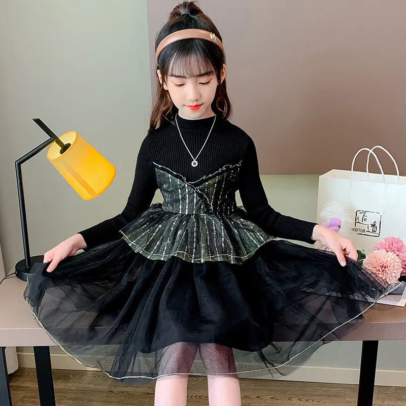 

Teens Girls Princess Dress 2021 Spring Knitted Stitching Mesh Dress for Childrens Clothes Pink Long Sleeve Tutu Dresses 10 12 Y
