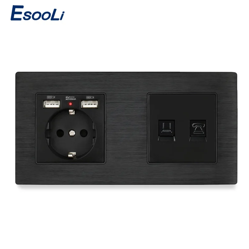 Esooli алюминиевая панель ЕС розетка с 2 USB + RJ11 телефонный разъем RJ45 данных