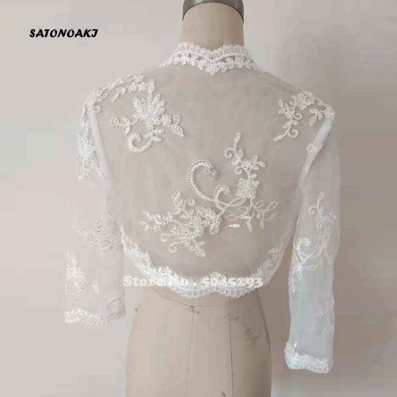 SATONOAKI/Элегантные новые акции женщин/девочек 3/4 с длинными рукавами белые кружевные плечи Обрезанные болеро куртка Свадебные обертывания
