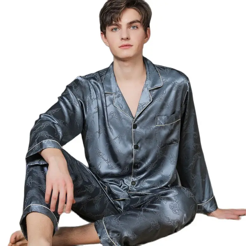 Silk Pajamas Men's Summer Long-Sleeved Trousers Mulberry Silk Casual Thin Section Youth Spring Autumn Ice Silk Home Service