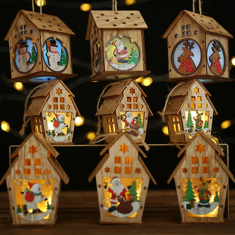 

DIY Led Light Wooden House Christmas Tree Decoration Elk Santa Clause Snowman Hanging Pendant Merry Christmas Decor for Home