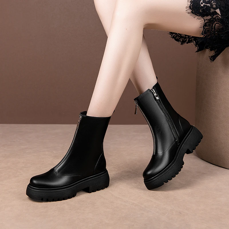 

Fashion Genuine Leather Chunky high Heels Platform boots Female ankle Boots Zipper Shoes Woman Working Party Winter Boots