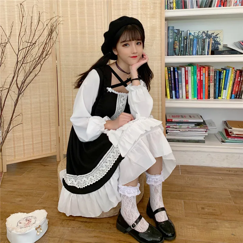 Kawaii/платье в японском стиле «Лолита»; мягкое милое Повседневное платье для девочек с короткими рукавами; студенческое летнее платье