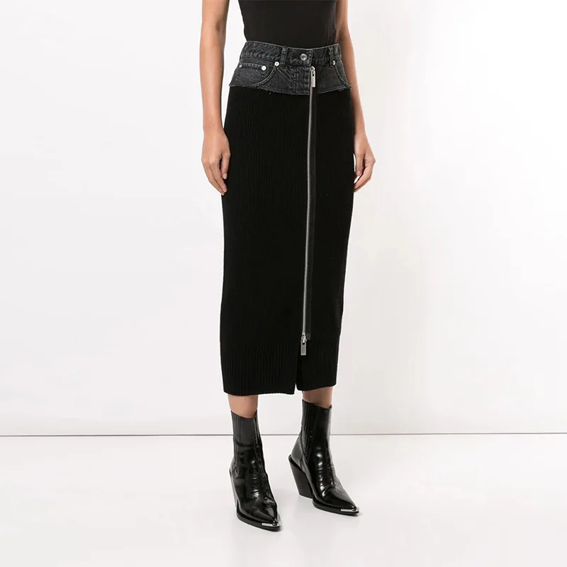 

2021 Spring and Autumn New Japanese High Street Black Bag Hip Skirt Zipper Stitching Wool Knitted Denim Skirt Long Skirts Womens