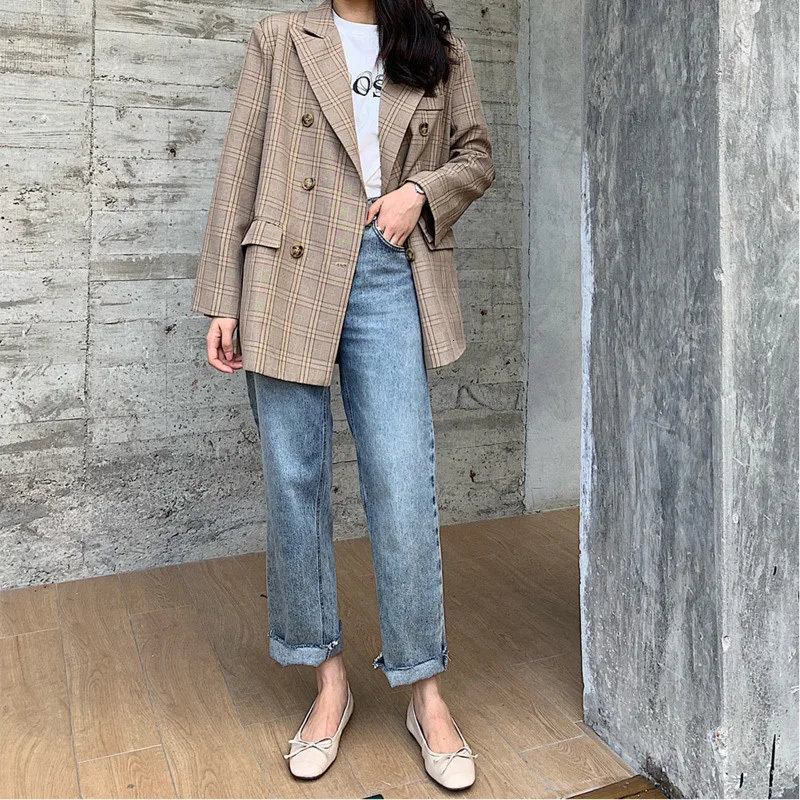 LANMREM хаки клетчатый двубортный женский офисный блейзер с длинным рукавом Женская
