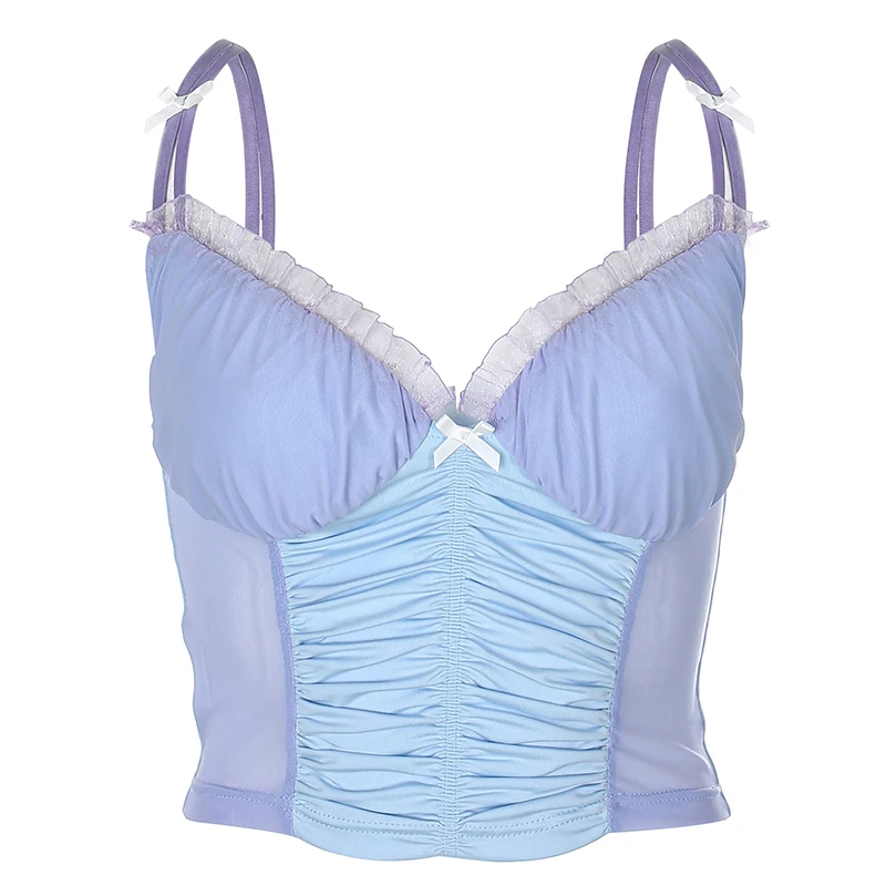 Летние женские топы на бретельках пикантные Лоскутные сетчатые укороченный топ