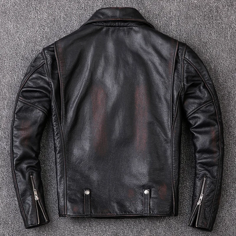 

2020 Men's Retro Genuine Leather Jackets Multi Zippers Motorcycle Leather Jacket Real Cowhide Biker Coat for Male