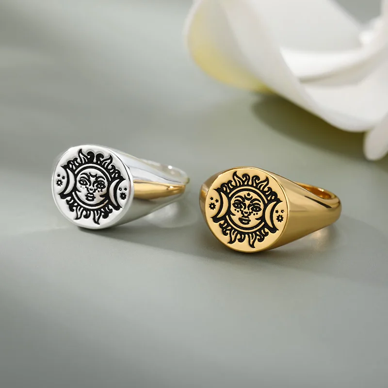 

Aesthetic Rings For Women Gothic Stainless Steel Sun Face Punk Ring Fashion Vintage Exaggeration Couple Jewelry Gift Anillos