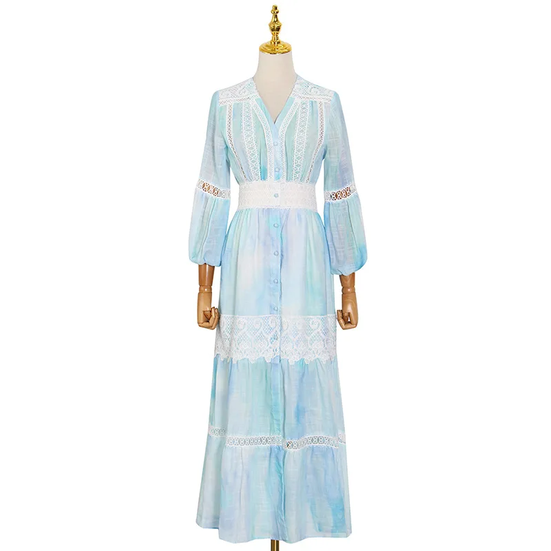 

2021 new fashion spring dress wind halo dye water soluble flower hollow splicing bubble sleeve long skirt lady