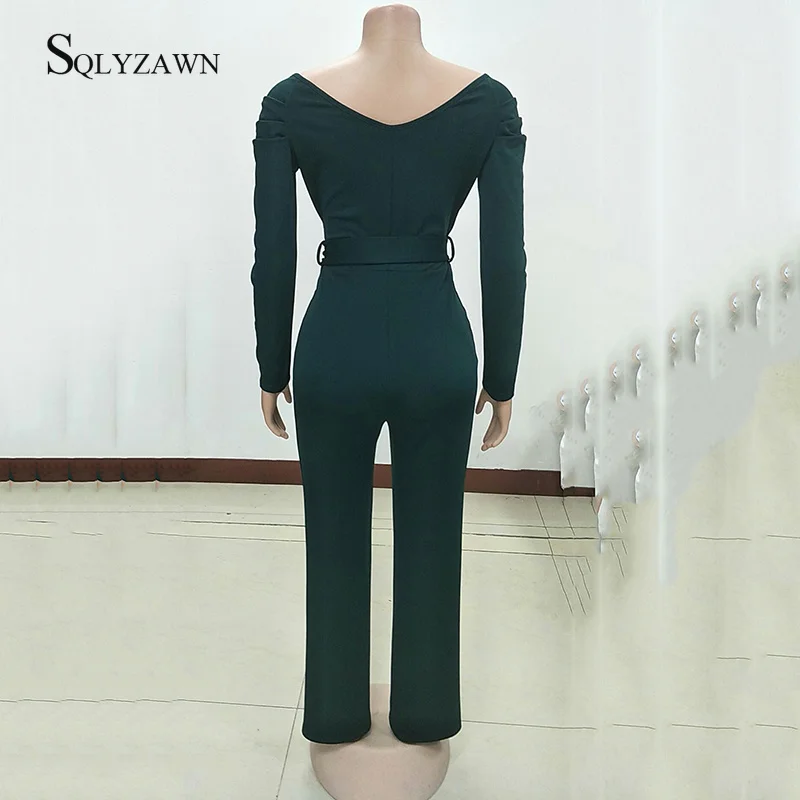 Женский винтажный комбинезон с поясом элегантный Облегающий V образным вырезом