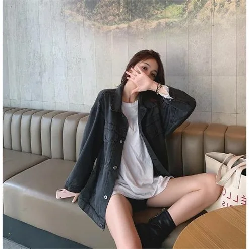 Timis Li ion аккумулятор Осенняя женская черная джинсовая куртка сзади абстрактным