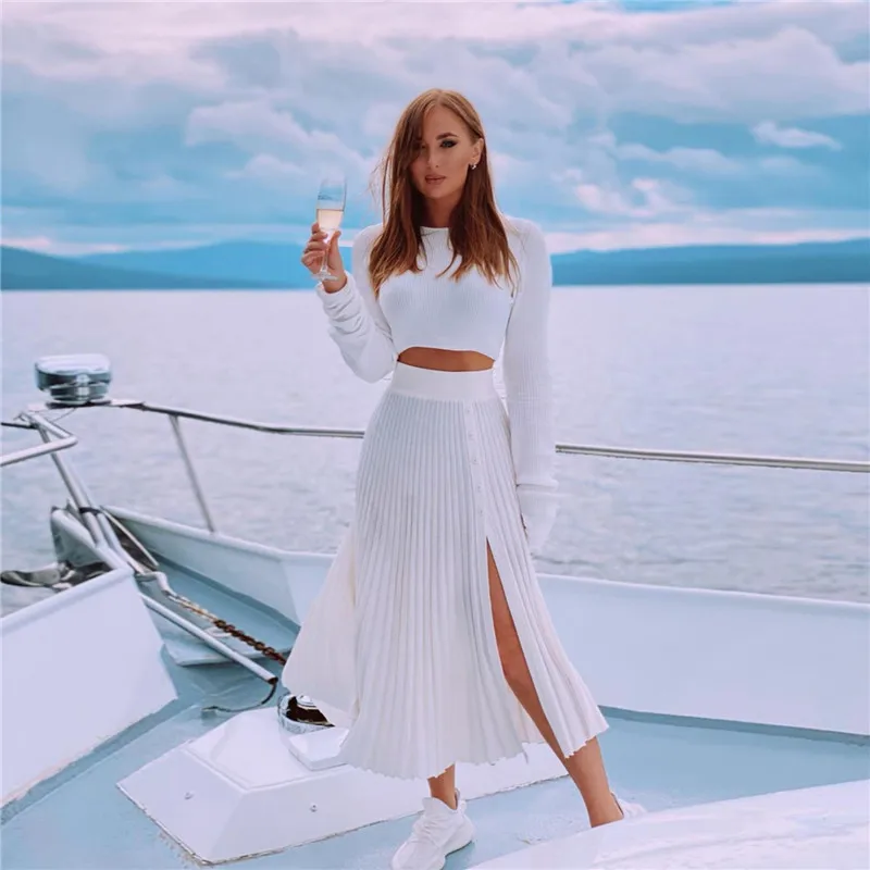 

Autumn Winter Two-Piece Elegent Women Sets Wool Sweater Slit Pleated Skirt