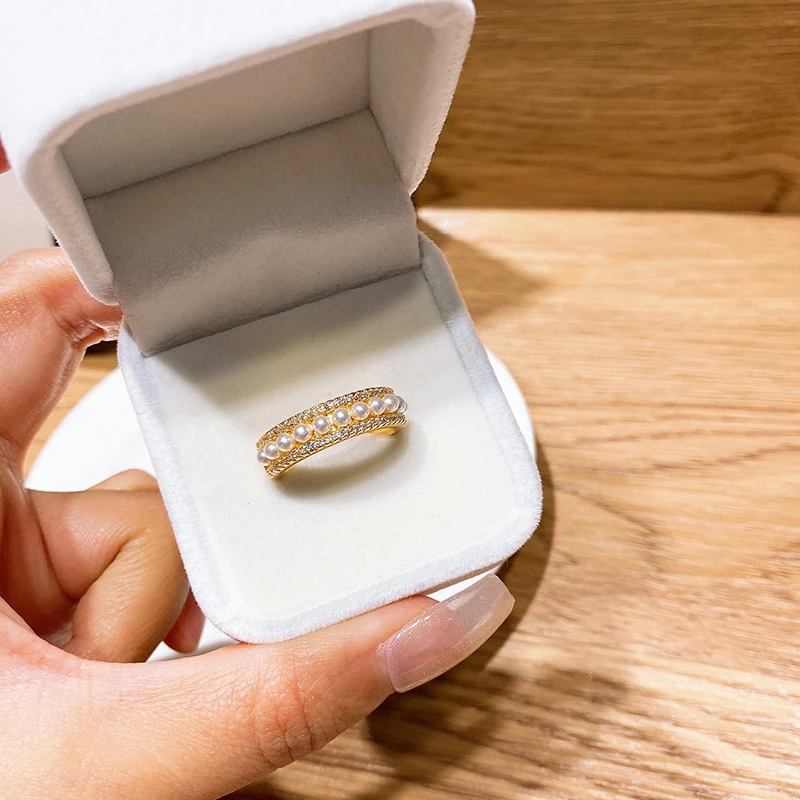 

2021 Fashion Charm Pearl Rings for Women Adjustable Opening Design Temperament High Quality Jewelry AAA Zircon Wedding Party Hot