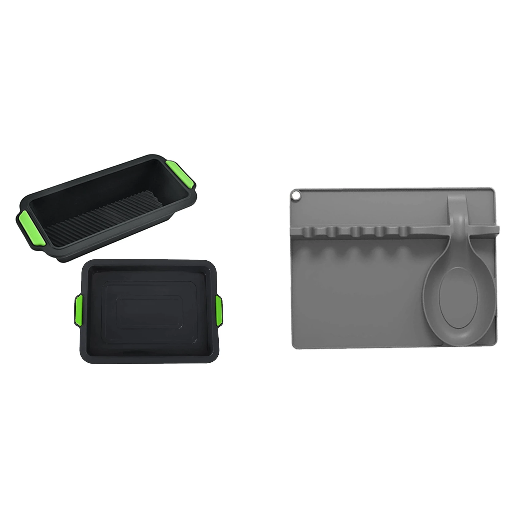 

2 Pack Silicone Cake Pan Nonstick Loaf Pan with Grey Silicone Spoon Rest 2 in 1 Larger Size Silicone Spoon Holder