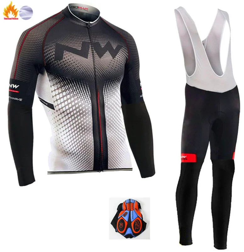 Winter Cycling Suit Northwave Winter thermal fleece Cycling Clothes NW men's Jersey suit outdoor riding bike MTB clothing warm Bib Pants set - Color: Winter Cycling Suit