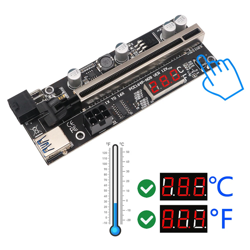 

VER12X PCIE Riser 009S Plus Riser PCI-E PCI Express X1 to X16 Dual 6Pin Power for Graphic Card GPU Mining w/ Temperature Sensor