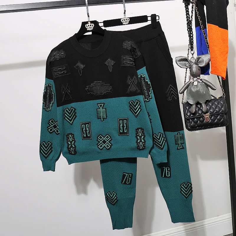 Женский трикотажный Костюм двойка свитер с вышивкой и длинные брюки|Спортивные