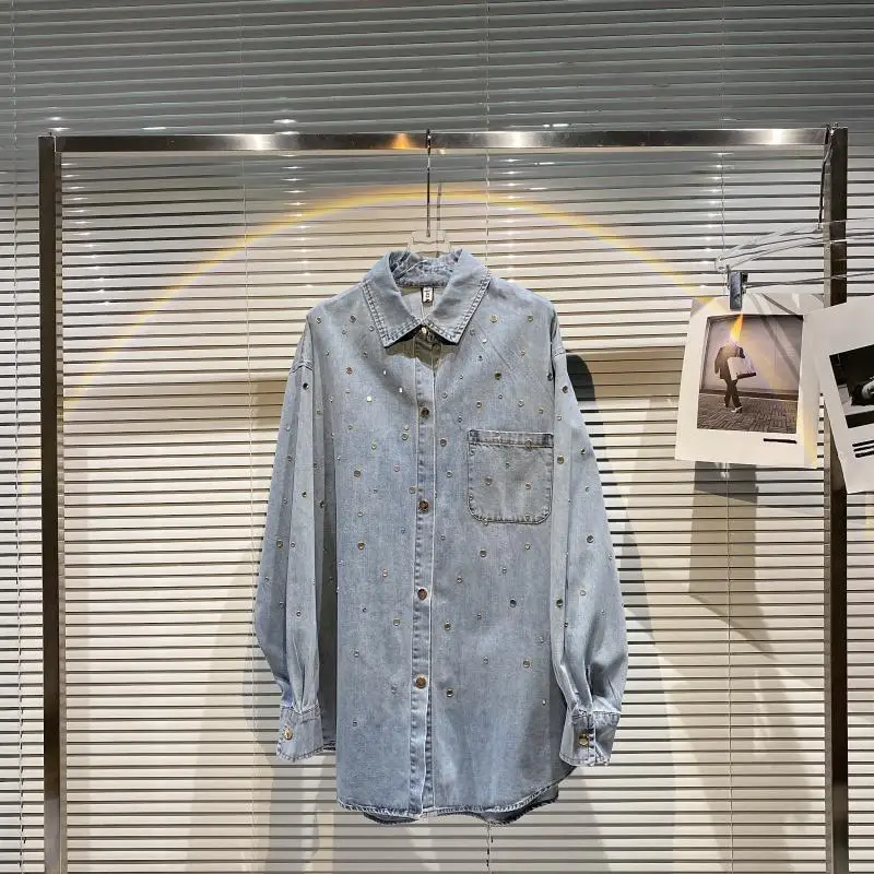 

Heavy Rivets Rhinestone Washed Denim Shirt 2021 Spring/Autumn Long Sleeve Single-Breasted Women's Shirts Fashion Simple Blouse